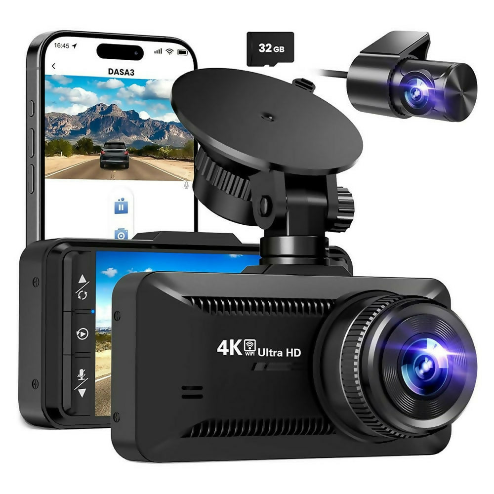 4K Dash Cam – Ultra HD recording with front/rear cameras, night vision, and 24/7 monitoring